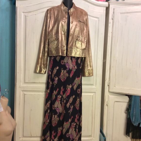 VINTAGE 90's GEORGE BY MARK EISEN GOLD FOIL LEATHER JACKET M - Picture 2 of 4